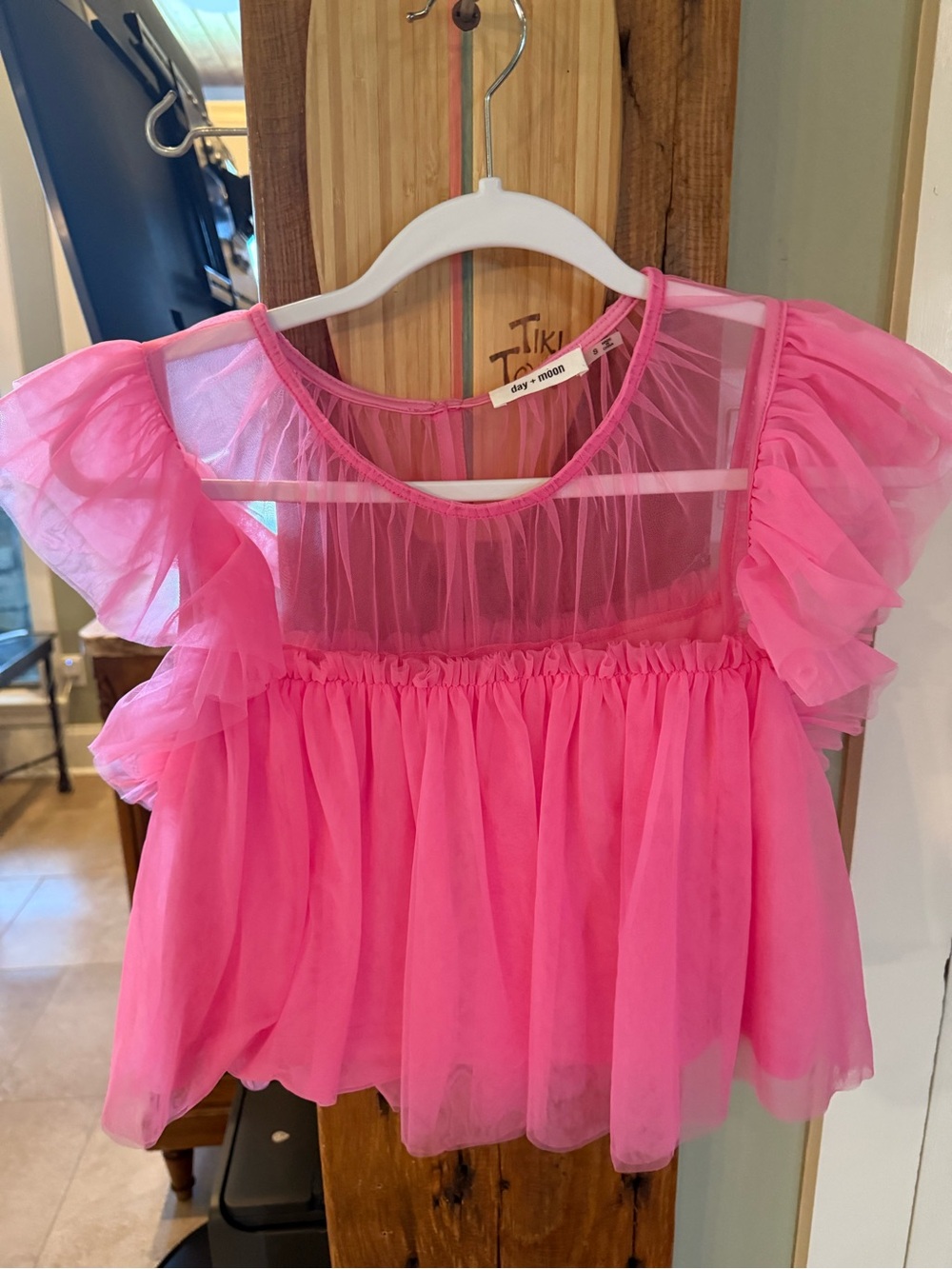 Day & Moon Pink Ruffle Mesh Babydoll Top